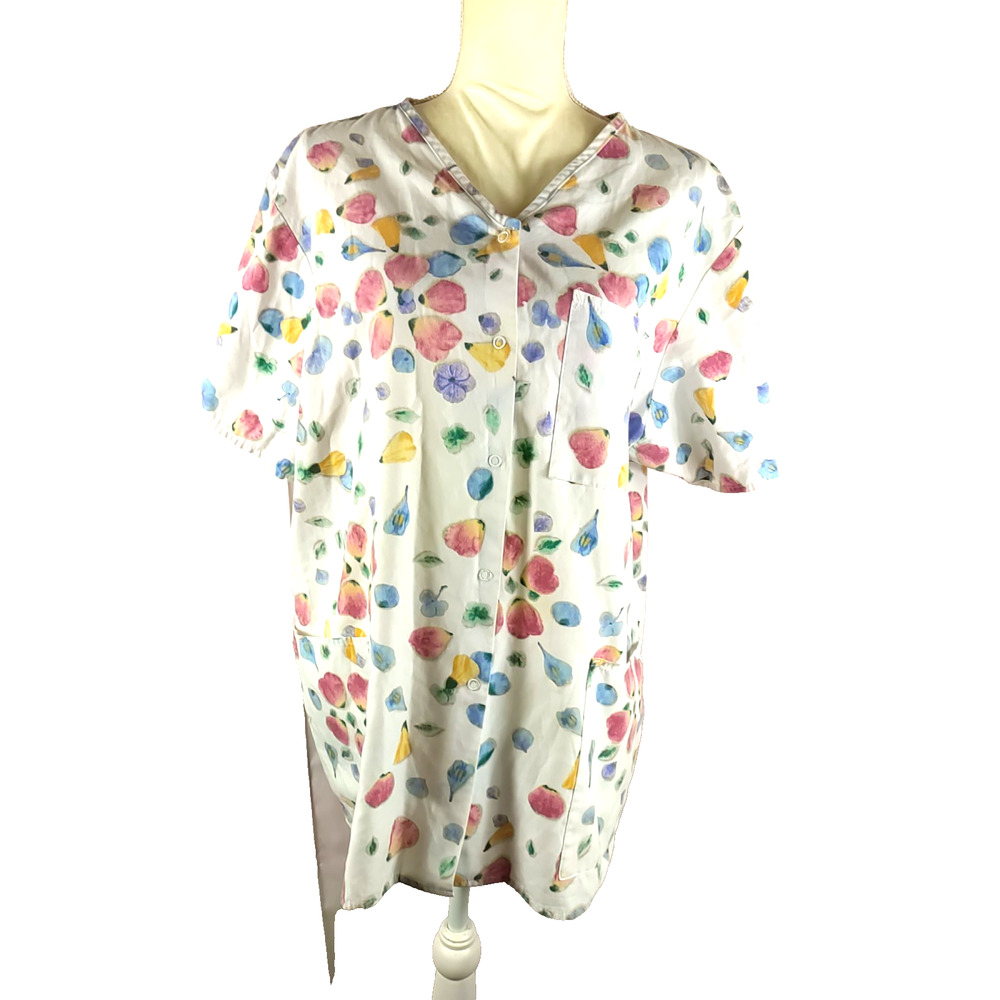 Vintage Crest Women's Scrub Top Size X L Snap Up Cream Red Orange Fruit